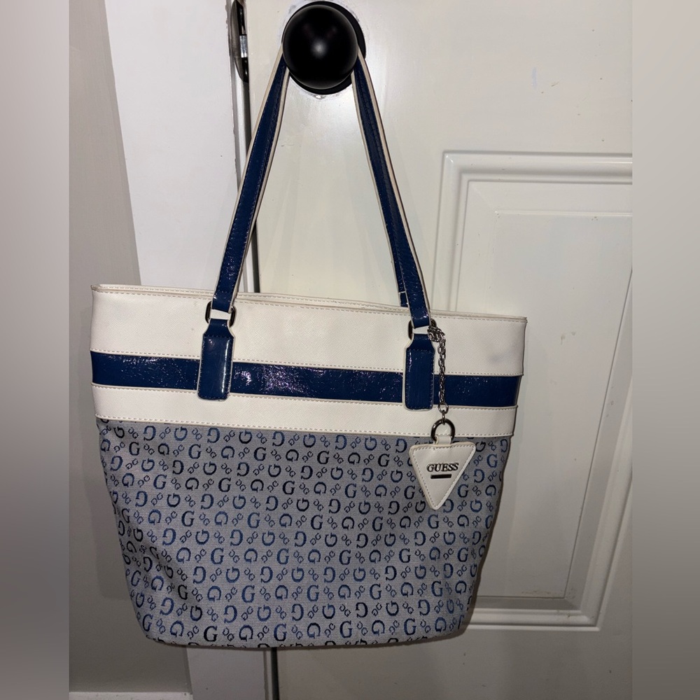 GUESS Navy and Cream Patterned Tote